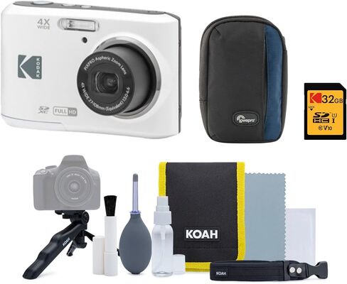كاميرا رقمية KODAK PIXPRO Friendly Zoom FZ45-WH بدقة 16 ميجابكسل مع زووم بصري 4X وزاوية عريضة 27 مم وشاشة LCD مقاس 2.7 بوصة (أبيض) مع مجموعة تنظيف وبطاقة ذاكرة 32 جيجابايت وحقيبة كاميرا وبطاريات (5 عناصر) in Saudi Arabia