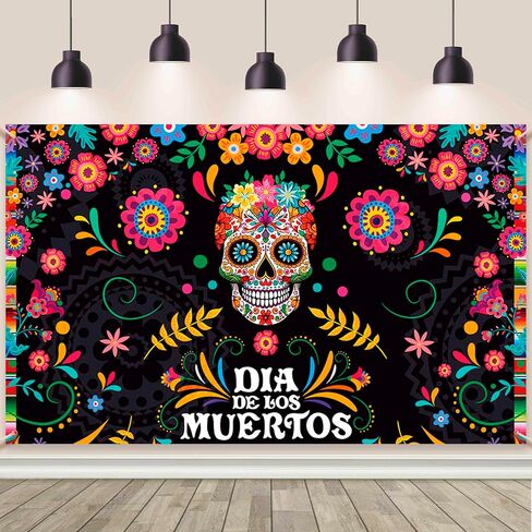 7x5ft Day of The Dead Backdrop Mexican Fiesta Sugar Skull Marigold Flowers Photography Background Dia DE Los Muertos Birthday Party Decorations Supplies Banner Cake Table Photo Shoot Props in Saudi Arabia