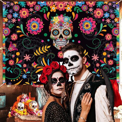 7x5ft Day of The Dead Backdrop Mexican Fiesta Sugar Skull Marigold Flowers Photography Background Dia DE Los Muertos Birthday Party Decorations Supplies Banner Cake Table Photo Shoot Props in Saudi Arabia