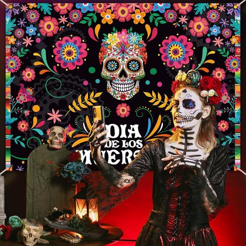 7x5ft Day of The Dead Backdrop Mexican Fiesta Sugar Skull Marigold Flowers Photography Background Dia DE Los Muertos Birthday Party Decorations Supplies Banner Cake Table Photo Shoot Props in Saudi Arabia