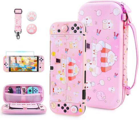 Fundiary لطيف لحقيبة حمل Mashumaro لجهاز Nintendo Switch، ملحقات حقيبة تخزين للسفر باللون الوردي لوحدة تحكم Switch Joycon مع غطاء واقي من مادة TPU، واقي شاشة، حزام كتف وغطاءين للإبهام in Kuwait