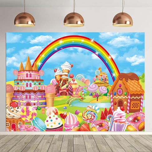 Candyland Theme Party Backdrop Cartoon Rainbow Lollipop Sweet Donut Ice Cream Photography Background for Kid Adult Ice Cream Birthday Party Decoration Banner Baby Shower Photo Props in Saudi Arabia