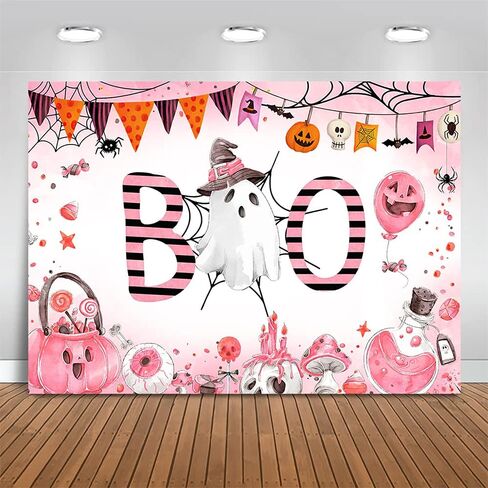 Mocsicka Halloween Baby Shower خلفية عيد ميلاد A Little Boo هو تقريبًا مستحق لتزيين الحفلات خدعة أو علاج شبح مخيف بو الهالوين خلفية الدعائم (7 × 5 قدم (82 × 60 بوصة)، وردي) in Saudi Arabia