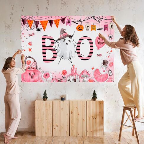 Mocsicka Halloween Baby Shower خلفية عيد ميلاد A Little Boo هو تقريبًا مستحق لتزيين الحفلات خدعة أو علاج شبح مخيف بو الهالوين خلفية الدعائم (7 × 5 قدم (82 × 60 بوصة)، وردي) in Saudi Arabia