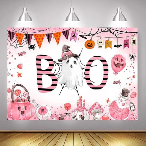 Mocsicka Halloween Baby Shower خلفية عيد ميلاد A Little Boo هو تقريبًا مستحق لتزيين الحفلات خدعة أو علاج شبح مخيف بو الهالوين خلفية الدعائم (7 × 5 قدم (82 × 60 بوصة)، وردي) in Saudi Arabia