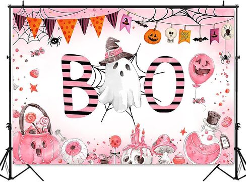 Mocsicka Halloween Baby Shower خلفية عيد ميلاد A Little Boo هو تقريبًا مستحق لتزيين الحفلات خدعة أو علاج شبح مخيف بو الهالوين خلفية الدعائم (7 × 5 قدم (82 × 60 بوصة)، وردي) in Saudi Arabia