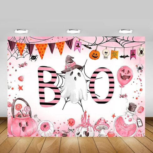 Mocsicka Halloween Baby Shower خلفية عيد ميلاد A Little Boo هو تقريبًا مستحق لتزيين الحفلات خدعة أو علاج شبح مخيف بو الهالوين خلفية الدعائم (7 × 5 قدم (82 × 60 بوصة)، وردي) in Saudi Arabia