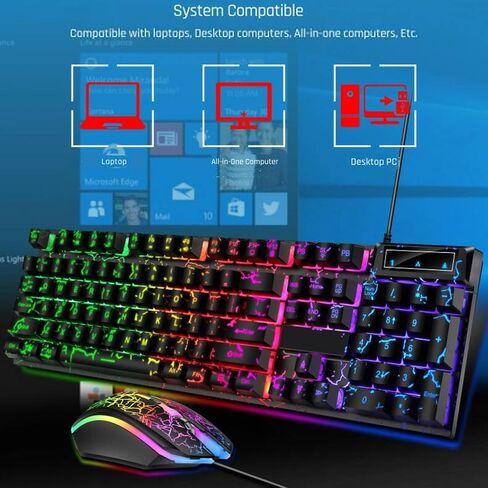 Wired Crack Rainbow Gaming Keyboard, 104 Keys Light Up Mechanical Feeling Computer Keyboard, Wired Gaming Keyboard for PC MAC Xbox Gamer(Black) in Kuwait