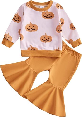 Toddler Baby Girl Halloween Outfit Long Sleeve Letter Pumpkin Embroidery Sweatshirt & Flare Pants Holiday Clothes in Kuwait