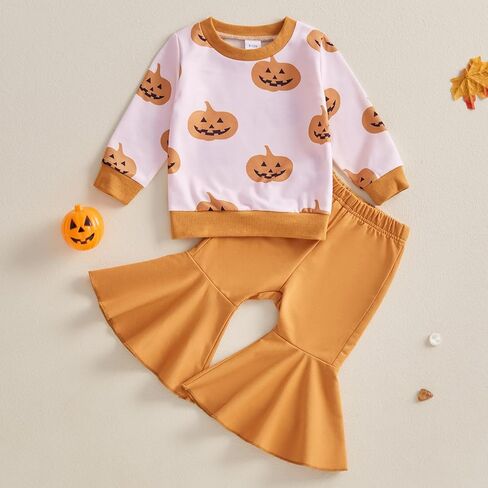 Toddler Baby Girl Halloween Outfit Long Sleeve Letter Pumpkin Embroidery Sweatshirt & Flare Pants Holiday Clothes in Kuwait