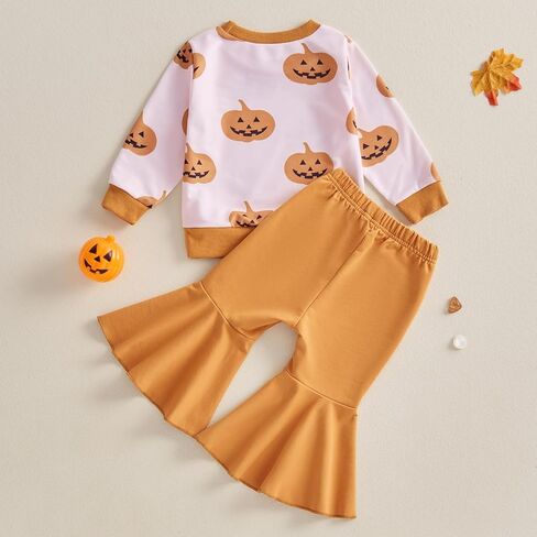Toddler Baby Girl Halloween Outfit Long Sleeve Letter Pumpkin Embroidery Sweatshirt & Flare Pants Holiday Clothes in Kuwait