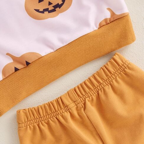 Toddler Baby Girl Halloween Outfit Long Sleeve Letter Pumpkin Embroidery Sweatshirt & Flare Pants Holiday Clothes in Kuwait