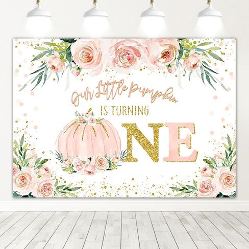 Mocsicka Pumpkin 1st Birthday Backdrop Blush Pink Floral Pumpkin First Birthday Background Fall Autumn Girl First Birthday Party Cake Table Decoration Banner Photo Booth Props (7x5ft) in Saudi Arabia