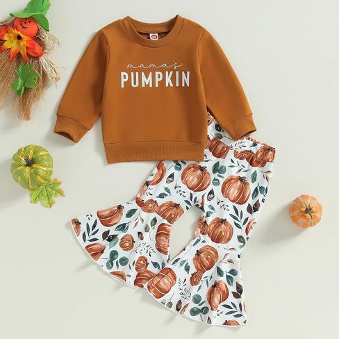 Springcmy Toddler Baby Girl Pumpkin Halloween Clothes Set Long Sleeve Sweatshirt Tops Bell Bottom Flare Pants Outfits Set in Kuwait