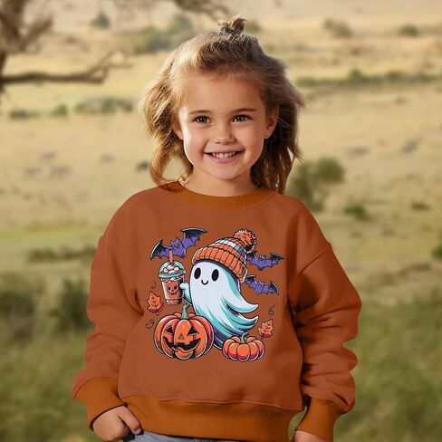 Toddler Baby Boy Girl Halloween Sweatshirt Pumpkin Ghost Drinking Coffee Bat Shirt Long Sleeve Sweater Fall Tops in Saudi Arabia