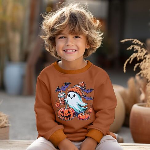 Toddler Baby Boy Girl Halloween Sweatshirt Pumpkin Ghost Drinking Coffee Bat Shirt Long Sleeve Sweater Fall Tops in Saudi Arabia