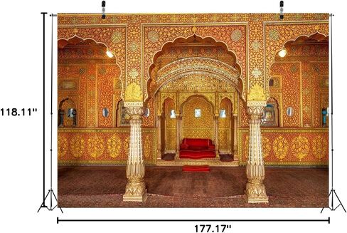 BELECO 7x5ft Fabric Indian Royal Palace Backdrop Interior Private Audience Hall in Anup Mahal and Maharaja Throne with Gold Carvings Photography Background for Travel Portrait Photo Studio Props in Saudi Arabia