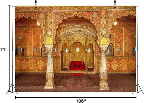 BELECO 7x5ft Fabric Indian Royal Palace Backdrop Interior Private Audience Hall in Anup Mahal and Maharaja Throne with Gold Carvings Photography Background for Travel Portrait Photo Studio Props in Saudi Arabia