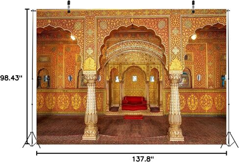 BELECO 7x5ft Fabric Indian Royal Palace Backdrop Interior Private Audience Hall in Anup Mahal and Maharaja Throne with Gold Carvings Photography Background for Travel Portrait Photo Studio Props in Saudi Arabia