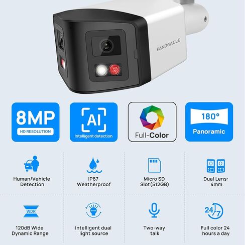 4K 8MP PoE Security Camera, Outdoor IP Camera, PoE AI Bullet IP Camera,Dual-len Camera,Panoramic 180° Wide Angle View, Human/Vehicle Detection, Color Night Vision, Two-Way Audio &Micro SD Slot(512G) in Saudi Arabia