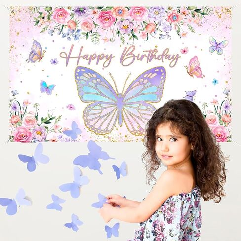 Mocsicka Butterfly Birthday Banner for Girls Women Birthday Party Decorations Banner Purple Happy Butterfly Birthday Party Photography Background Photo Booth Props (Purple/Pink, 70.8 x 43.3 Inch) in Saudi Arabia