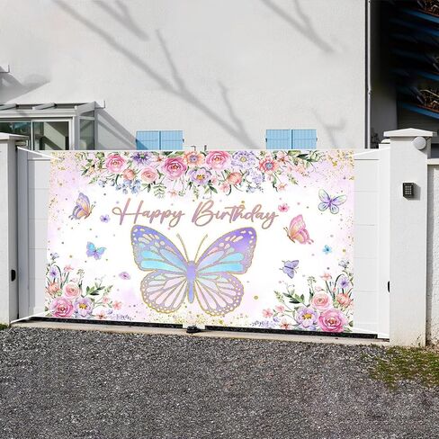 Mocsicka Butterfly Birthday Banner for Girls Women Birthday Party Decorations Banner Purple Happy Butterfly Birthday Party Photography Background Photo Booth Props (Purple/Pink, 70.8 x 43.3 Inch) in Saudi Arabia