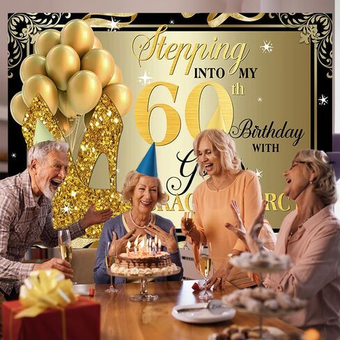 8x6ft 60th عيد ميلاد الخلفيات الذهب الأسود الترتر عالية الكعب بالونات التصوير خلفية للنساء البالغات عيد ميلاد سعيد خلفية لاستوديو الصور in Kuwait