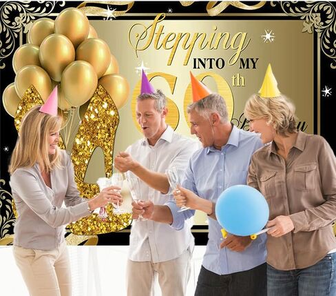 8x6ft 60th عيد ميلاد الخلفيات الذهب الأسود الترتر عالية الكعب بالونات التصوير خلفية للنساء البالغات عيد ميلاد سعيد خلفية لاستوديو الصور in Kuwait