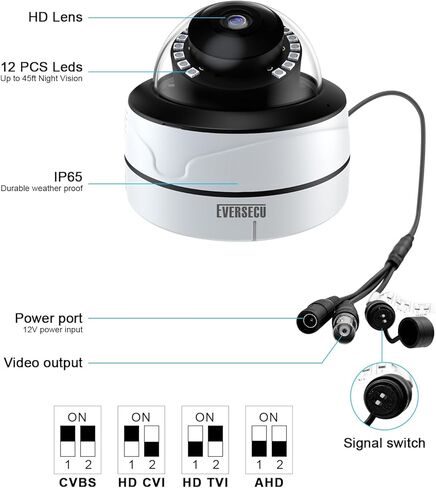 كاميرا EVERSECU 4K 8MP (HD-TVI/AHD/CVI/تناظرية) 4 في 1 Sony CMOS بقبة معدنية خارجية، كاميرا تناظرية بالأشعة تحت الحمراء للرؤية الليلية والنهارية، كاميرا قبة مقاومة للتخريب للمراقبة بالفيديو المنزلي in Kuwait