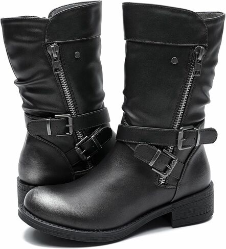 GLOBALWIN Women's Fall Fashion Biker Boots Mid Calf Boots For Women Low Heel in Saudi Arabia