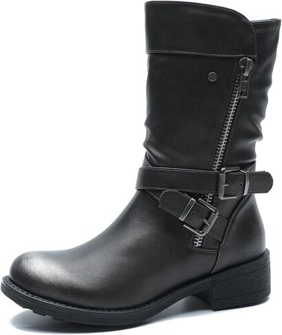 GLOBALWIN Women's Fall Fashion Biker Boots Mid Calf Boots For Women Low Heel in Saudi Arabia