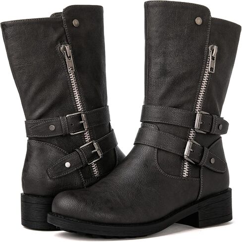 GLOBALWIN Women's Fall Fashion Biker Boots Mid Calf Boots For Women Low Heel in Saudi Arabia