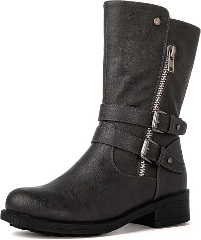 GLOBALWIN Women's Fall Fashion Biker Boots Mid Calf Boots For Women Low Heel in Saudi Arabia