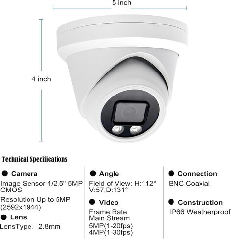 Real HD 5MP Analog CCTV Camera, HD 4-in-1(TVI/AHD/CVI/CVBS), 2.8mm Lens, TVI Dome Turret Security Camera, 65ft Night Vision, ONLY Compatible with 5MP/3K/8MP DVR in Saudi Arabia