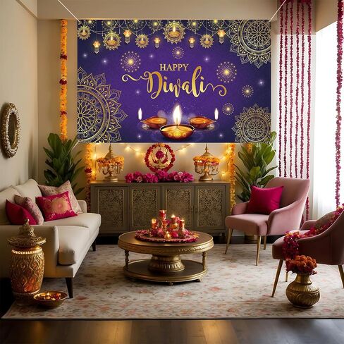 Happy Diwali Backdrop Banner,Deepavali Background Banner Festival of Lights Decor Diwali Photo Booth Props Background Banner Diwali Indian Decorations for Home 180×110cm in Saudi Arabia