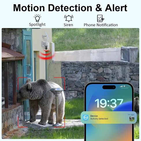 4G Cellular Security Camera Outdoor, Solar Battery Powere, 360° View, 2-Way Talk, 2K HD Color Night Vision, PIR Human Sensor, Cloud & SD, Phone App Alerts，Data Monthly Fee is Necessary in Saudi Arabia