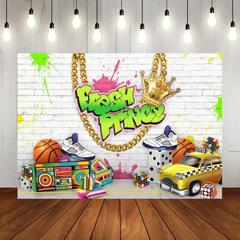 Lofaris Fresh Prince Backdrop White Brick Wall Neon Splash Hip Hop Birthday Background Boy Newborn Music Parties Decor Portrait Photoshoot Backdrops 7x5ft in Saudi Arabia