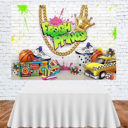 Lofaris Fresh Prince Backdrop White Brick Wall Neon Splash Hip Hop Birthday Background Boy Newborn Music Parties Decor Portrait Photoshoot Backdrops 7x5ft in Saudi Arabia
