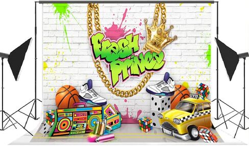 Lofaris Fresh Prince Backdrop White Brick Wall Neon Splash Hip Hop Birthday Background Boy Newborn Music Parties Decor Portrait Photoshoot Backdrops 7x5ft in Saudi Arabia