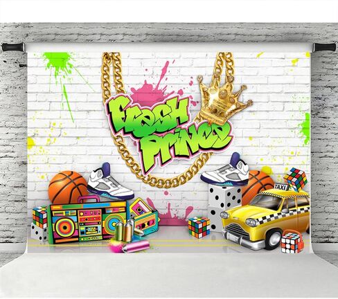 Lofaris Fresh Prince Backdrop White Brick Wall Neon Splash Hip Hop Birthday Background Boy Newborn Music Parties Decor Portrait Photoshoot Backdrops 7x5ft in Saudi Arabia