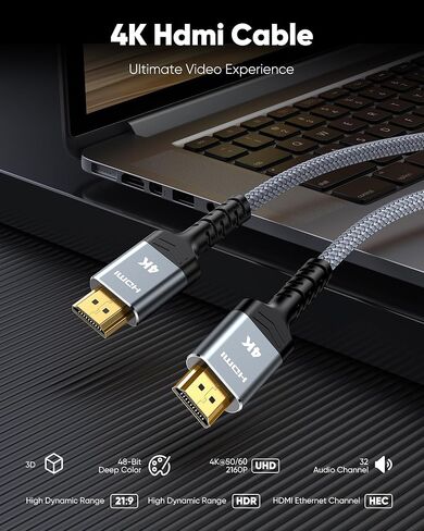 Highwings HDMI Cable 6.6 ft, 4K Ultra High Speed HDMI to HDMI Cord | HDMI 2.0, 18Gbps, 48 bit, Braided, Ethernet, ARC, 3D, HDCP 2.2, ARC, HDR, Compatible with Wall-mounted HDTV/ Monitor/ Roku in Kuwait