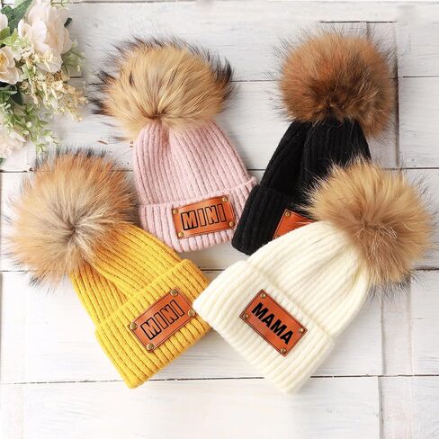 Personalized Parent-Child Beanie Hat, 2-Pack Mama Mini Pom Pom Hat,Mother & Baby Boy Girl Winter Warm Knit Hat Gift Sapphire in Saudi Arabia