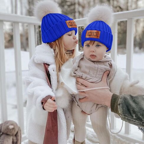 Personalized Parent-Child Beanie Hat, 2-Pack Mama Mini Pom Pom Hat,Mother & Baby Boy Girl Winter Warm Knit Hat Gift Sapphire in Saudi Arabia