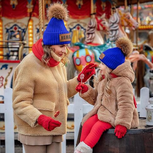 Personalized Parent-Child Beanie Hat, 2-Pack Mama Mini Pom Pom Hat,Mother & Baby Boy Girl Winter Warm Knit Hat Gift Sapphire in Saudi Arabia