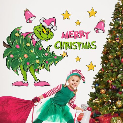 ملصقات جدارية على شكل شخصيات كرتونية من Mfault Merry Christmas، إكليل شجرة عيد الميلاد الوردي، ديكورات أقصى للكلاب، فن غرفة النوم، جرس جلجل النجمة للعام الجديد 2025 ديكور المنزل والمطبخ، هدايا العطلات in Saudi Arabia
