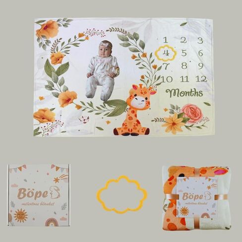 Monthly Milestone Baby Blanket Extra Soft Flannel, Gender Neutral Animal Print with Giraffe and Flowers Babyshower Boy Girl Gift for Parents with Gift Box in Saudi Arabia