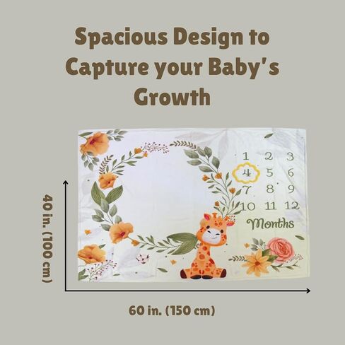 Monthly Milestone Baby Blanket Extra Soft Flannel, Gender Neutral Animal Print with Giraffe and Flowers Babyshower Boy Girl Gift for Parents with Gift Box in Saudi Arabia
