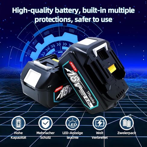 TPbaeke 2 حزمة 18 فولت 8000 مللي أمبير بطارية ليثيوم أيون بديلة لأداة الطاقة مع مؤشر LED، قابلة لإعادة الشحن لماكيتا 18 فولت BL1815B BL1830B BL1840B BBL1850B BL1860B LXT400 مثقاب لاسلكي in Saudi Arabia