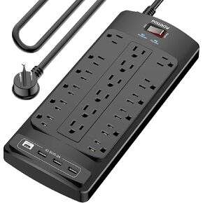 شريط طاقة بطول 8 قدم، واقي من اندفاع التيار من بوساف مع 18 منفذ و4 منافذ USB (منفذ USB C)، سلك تمديد بطول 8 اقدام (1875 واط/15 امبير)، 2100 جول، مدرج في قائمة اي تي ال، اسود in Kuwait