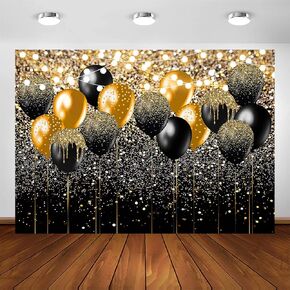 Avezano Black and Gold Glitter Backdrop for Birthday Wedding Prom Graduation Photography Background Party Glitter Gold Black Balloon Party Decorations Photoshoot Photobooth (7x5ft)